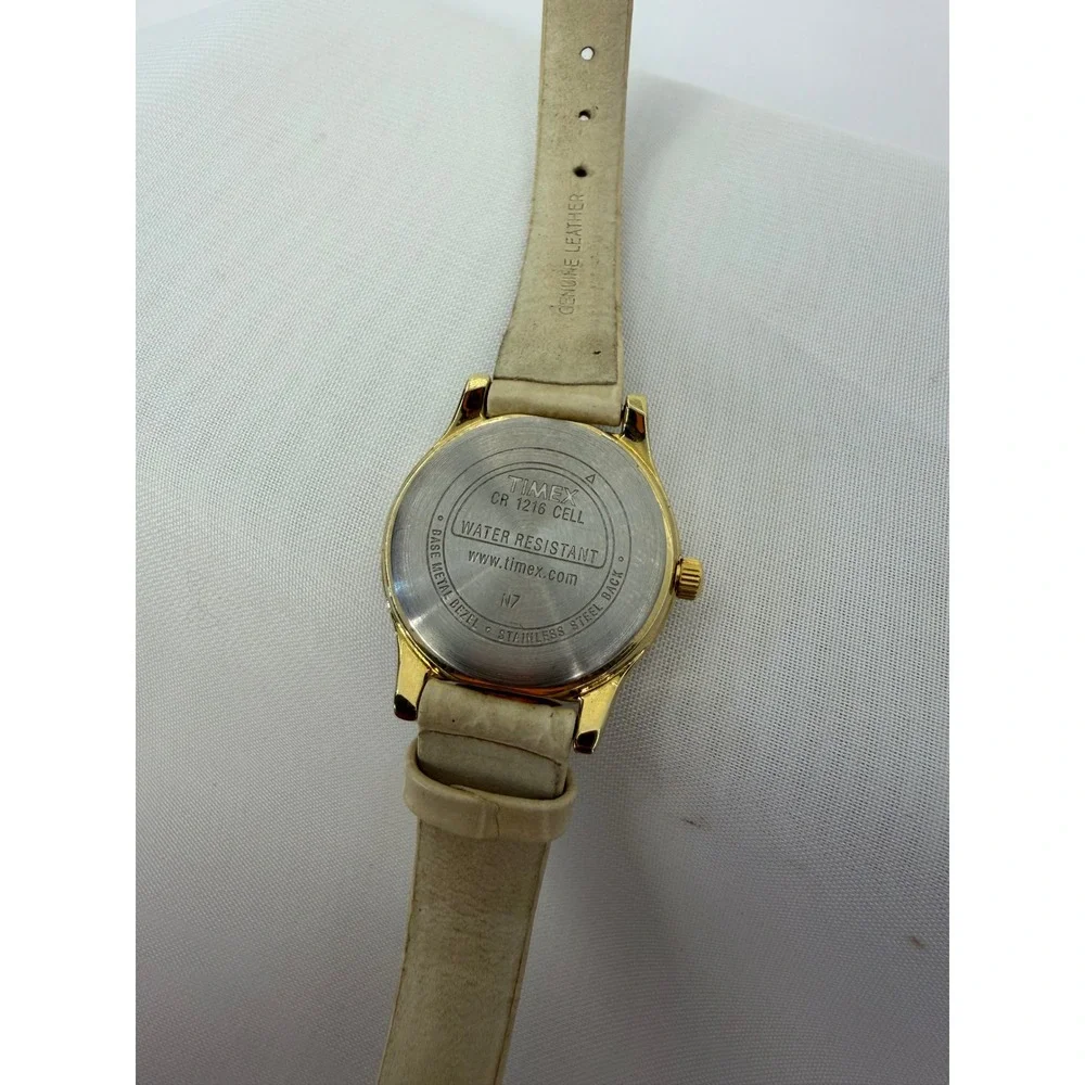 Timex Indiglo Watch Womens Gold Tone Mother of Pearl Dial Leather Strap N7